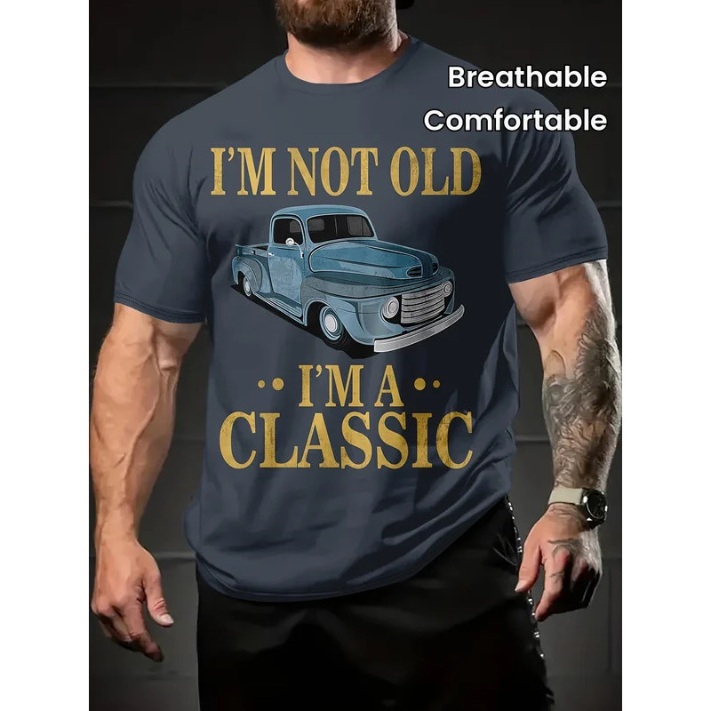 Car Pattern Alphabet Clothing Casual Print Crew Neck T-Shirt Loose Top Breathable  Comfort Men