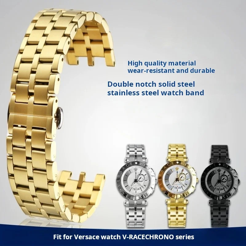 สําหรับ Versace สายนาฬิกาเหล็ก v-race Dual series สร้อยข้อมือเฉพาะเว้าคู่ผู้ชายสายนาฬิกาโลหะสแตนเลสแ