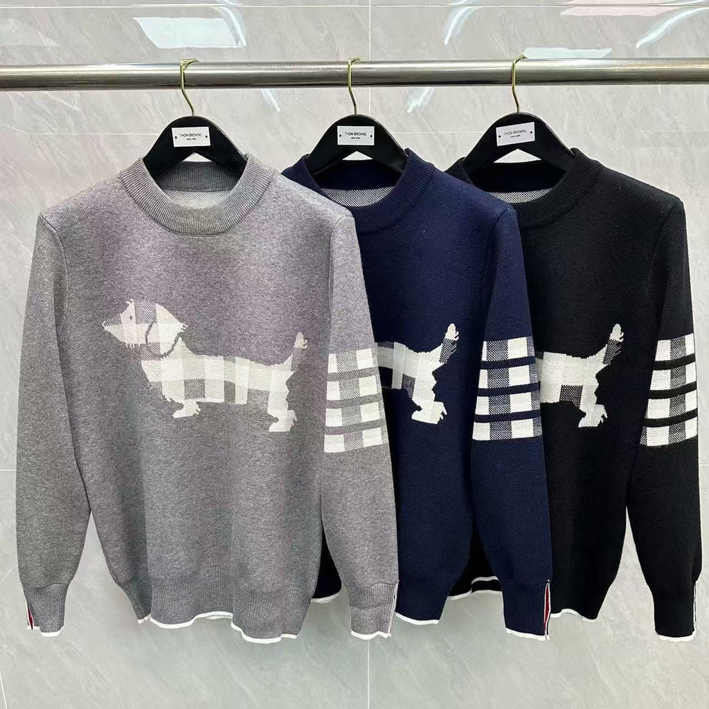 เสื้อกันหนาวคอลำลอง Thombrowne Chest Puppy Jacquard สำหรับทั้งผู้ชายและผู้หญิง ดีไซน์เรียบง่าย