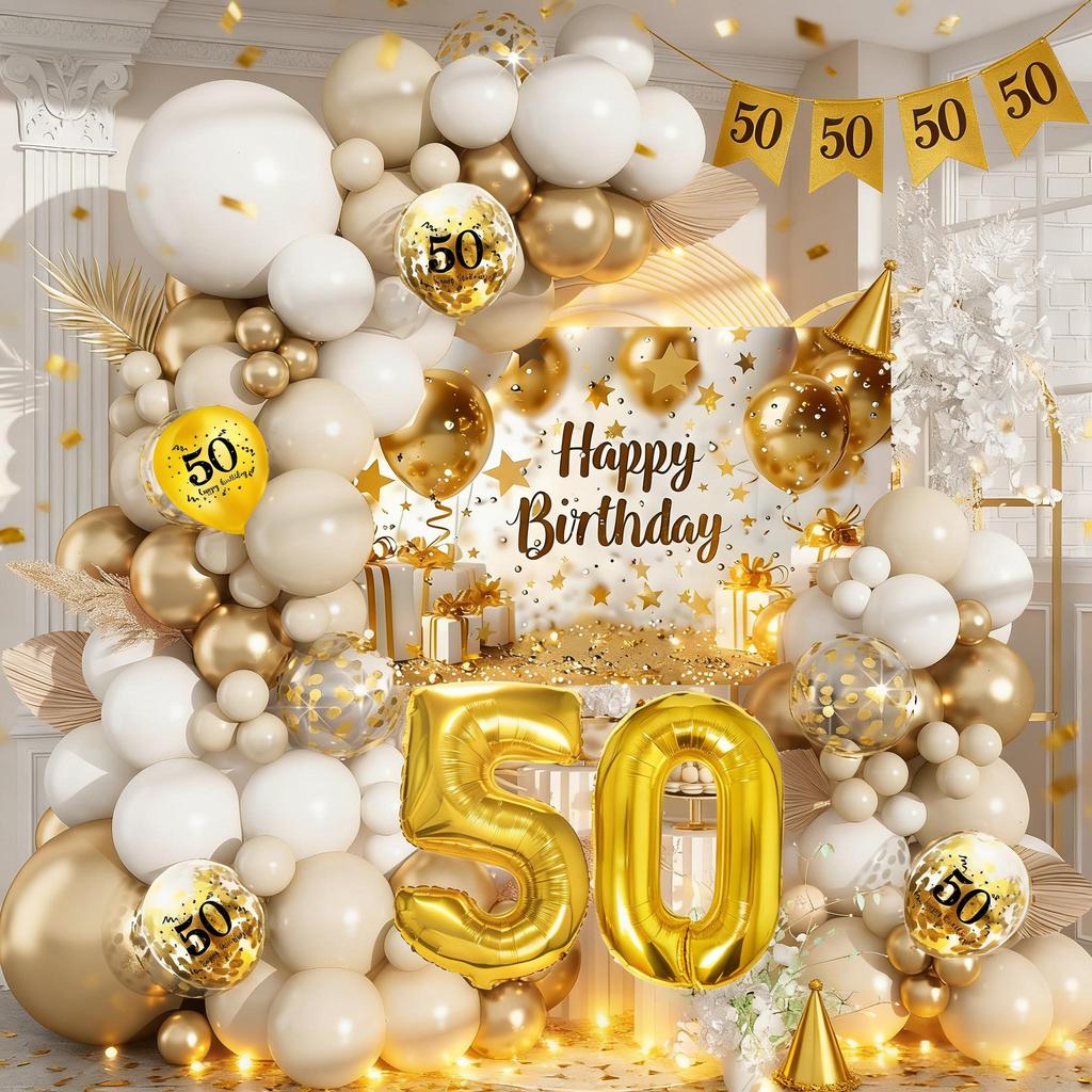 50th Anniversary ทรายสีขาวเมทัลลิคบอลลูนสีทองสีทองลูกโป่งฟอยล์และฉากหลังผ้าสําหรับ 30th 40th ผู้ใหญ่