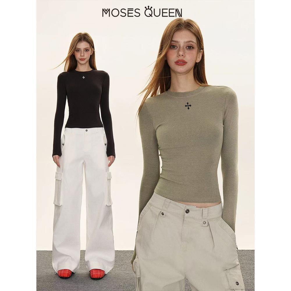 MOSESQUEEN เสื้อกันหนาวแขนยาวแบบราชินี มอสส์ สำหรับต้นฤดูใบไม้ร่วง ดีไซน์.slim fit พิเศษด้านบนพร้อมลายปัก ใช้งานได้หลากหลายวันในและนอกบ้าน #63378