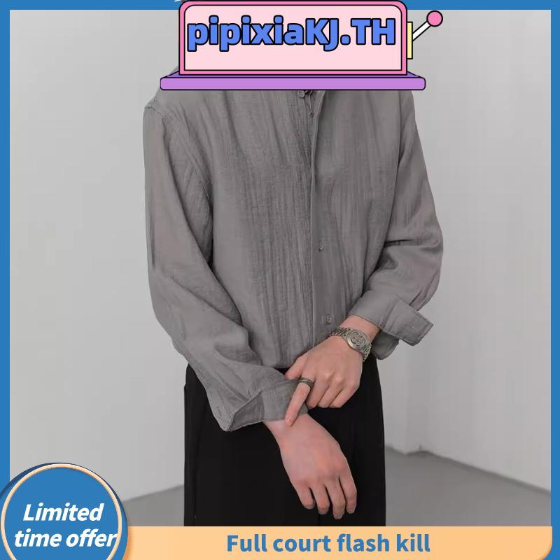 NHYGSV เสื้อเชิ้ตแขนยาวผู้ชาย ผ้าลินินระบายอากาศได้ดี มี 3 สี ทรงหลวม คอปกตั้ง [B436]