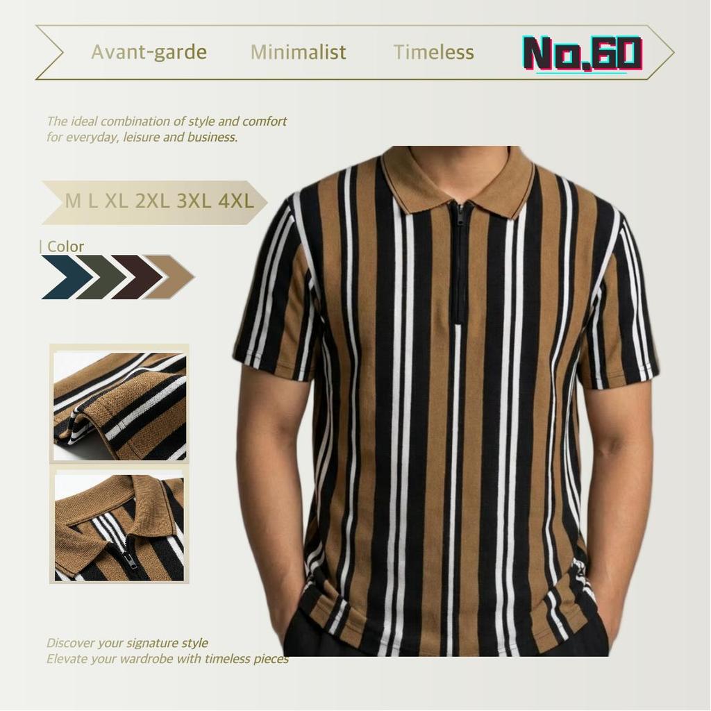 เสื้อยืดผู้ชายลายทางถักแขนสั้นแบบซิปดีไซน์ทันสมัยสำหรับมืออาชีพและใส่ลำลอง