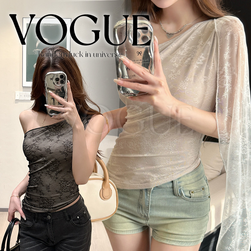 Vogue🌟พร้อมส่ง🌟 เสื้อยืดแขนสั้นผู้หญิง คอวีแต่งเน็กไท มีฟองน้ำ ทรงเข้ารูป สไตล์เซ็กซี่ (FY3006#1)