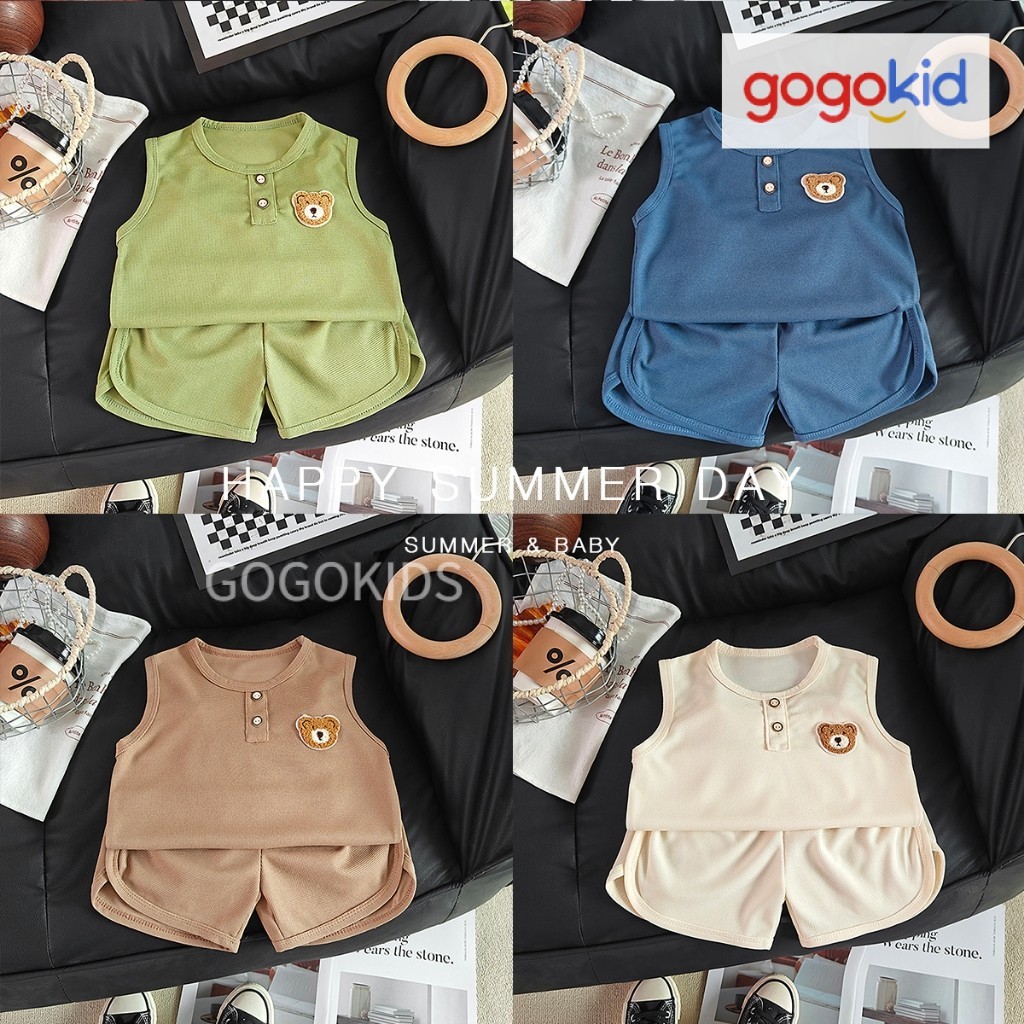 พร้อมส่ง  ชุดเซ็ตเด็ก ชุดเซ็ต 2 ชิ้น แขนกุดลายหมีน้อย กางเกงขาสั้นนุ่มใส่สบาย