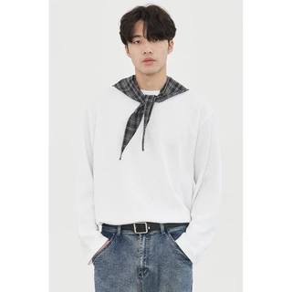 Chaistyle แขนยาวผู้ชาย วาฟเฟิล เสื้อคอกลม ชุดคู่รัก แบบหลวม แมทช์ลุคง่าย