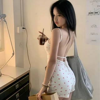 Kitty.Vogue ชุดจั๊มสูทสายเดี่ยวผู้หญิง ลายดอกไม้หวาน น่ารักรัดรูป สไตล์เกาหลีแบบลำลอง "FY9981"-0