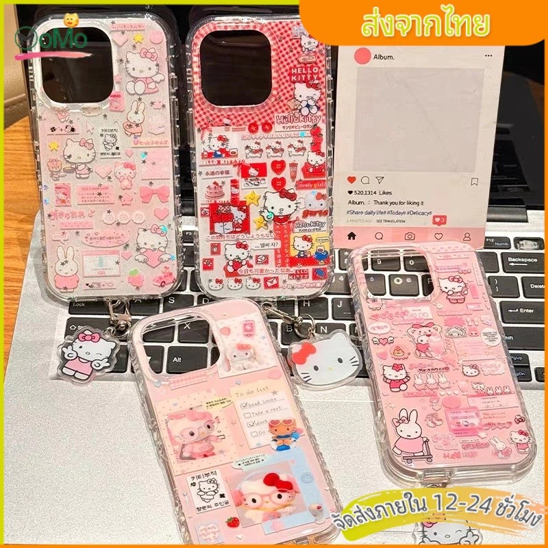 เคสไอโฟน 11 การ์ตูนโบว์โบว์สีชมพูคิตตี้กระต่ายแมว สำหรับ IPhone 13 17 14 15 11 16 12 Pro Max 15 16 12 11 Pro 16 15 Plus
