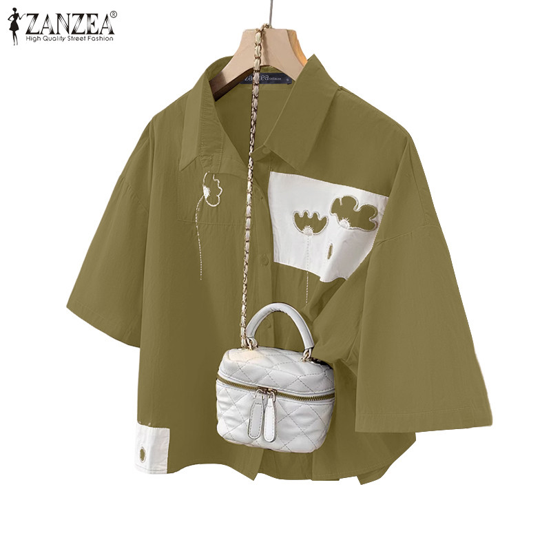 ZANZEA ผู้หญิงเกาหลี Street Stylish Turn-Down-Collar 3/4 Sleeve Contrast Color Printed Button Up Shirts