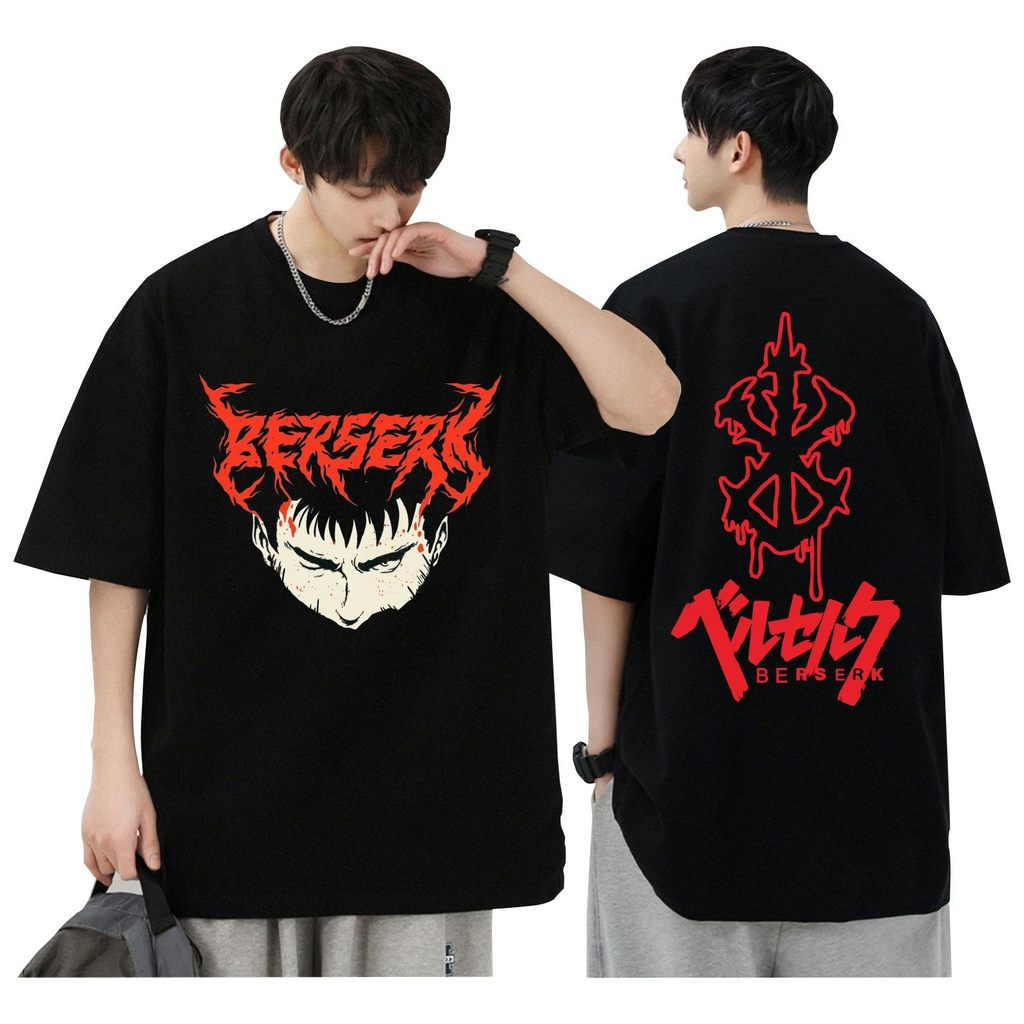 เสื้อยืดแขนสั้นสีดำแบบญี่ปุ่น ออกแบบตามธีมแบรนด์วอร์ริเออร์จากอนิเมะ Berserk สไตล์คล่องตัว