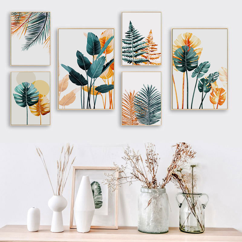 (พร้อมกรอบ) A4 Nordic Wall Decor Tropical ใบโปสเตอร์พิมพ์สีเขียว Leaf Wall Art โรงงานผ้าใบภาพวาดสําหรับห้องนั่งเล่นภาพ