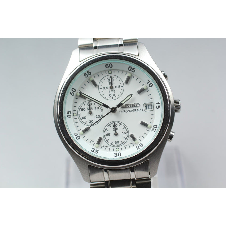 Vtg 1992 [N MINT] Seiko Chronograph V657-7100 Silver White 39mm Qz Men's Watch