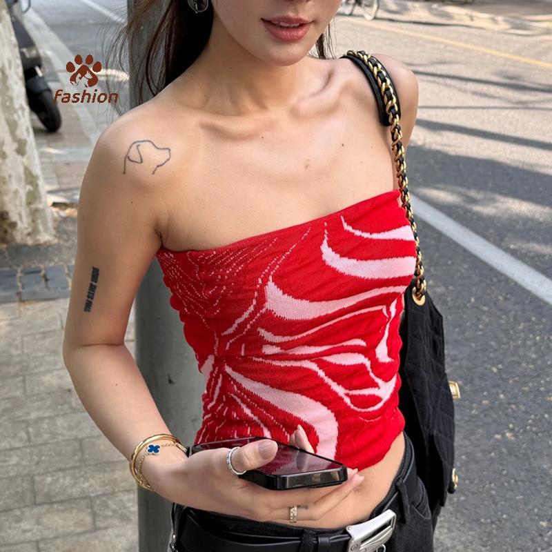 [แฟชั่น] Y2k Tie-dye Short Sleeve Vest Top Strapless Mesh Halter Tops Sleeve Bandeau Tank Tops Forin