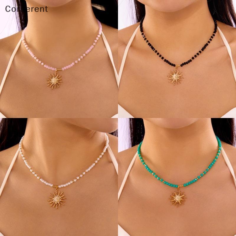 Null Retro Golden-Toned Sun จี้ Nelace สําหรับผู้หญิง Elegant ลูกปัดสร้อยคอสร้อยคอเครื่องประดับ Vint