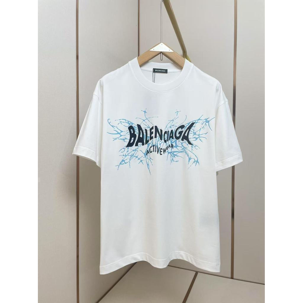 BALENCIAGA/BALENCIAGA คลาสสิกรอบคอแขนสั้นเสื้อยืดผู้ชายผู้หญิงสไตล์สบายอารมณ์ Simple Basic Top ภายใน