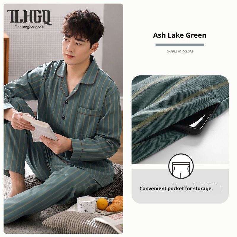 TLHGQ ชุดนอนผู้ชายผ้าฝ้าย 100% ดีไซน์ลายทาง พร้อมกระเป๋าใช้งานได้จริง ชุดนอนลายทาง