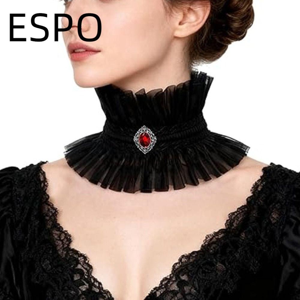 ESPO ลูกไม้ Jabot Collar, Victorian Style Ruffle Gothic Collar, เครื่องประดับคอสีดําสีขาวอัญมณีตกแต่