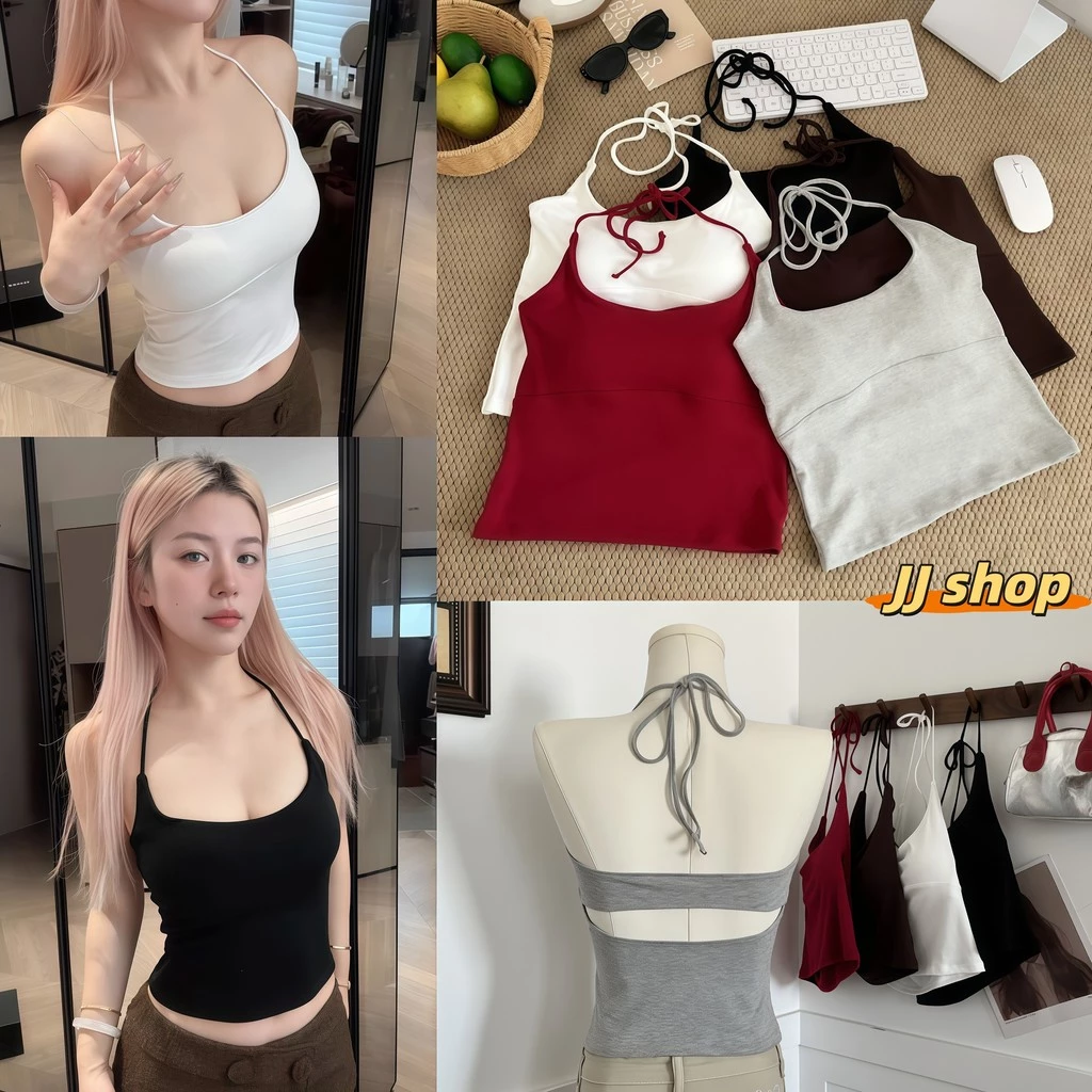 JJ Shop💜เสื้อสายเดี่ยวคล้องคอผู้หญิงแฟชั่นสีพื้น เซ็กซี่ ดีไซน์ผูกด้านหลัง ผ้าสบายและนุ่ม-FY2769