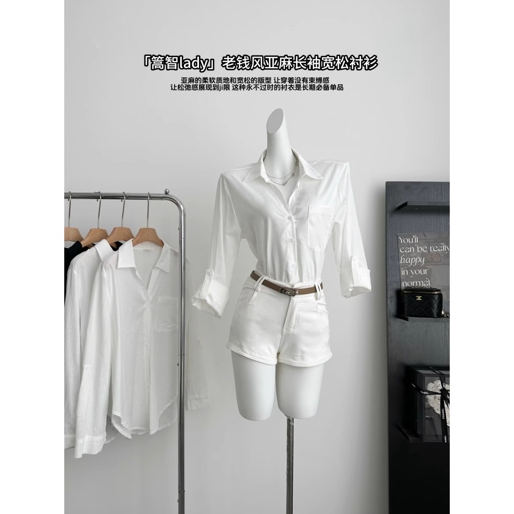 เสื้อแขนยาวผู้หญิงสไตล์ฤดูใบไม้ร่วง จากผ้าฝ้ายลินิน-quality Old Money