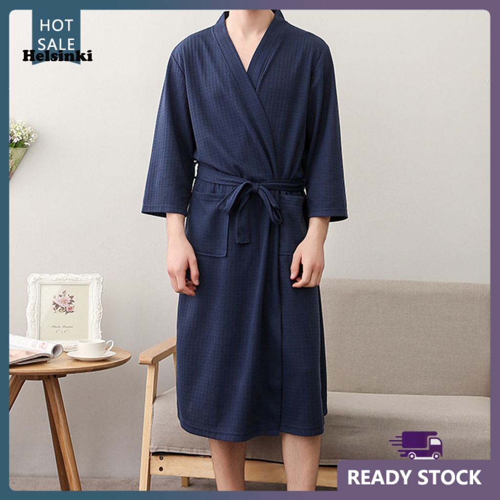 HLS ผู้ชายเสื้อคลุมอาบน้ําสีทึบ V คอคาร์ดิแกนการดูดซึมน้ํา Oversize ชายชุดนอนสําหรับ Home