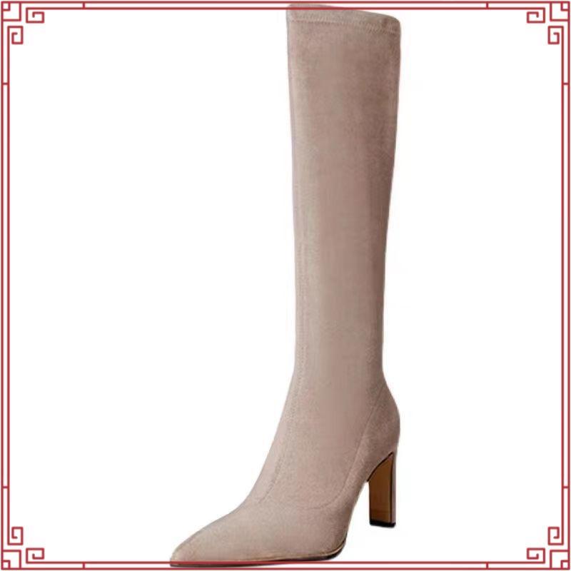 Chole G: Rika Korea Girl Boots รองเท้าบูทยาว บูทเกาหลี กำมะหยี่สีน้ำตาลอ่อน ส้นสูง 8.5cm(SH0182)