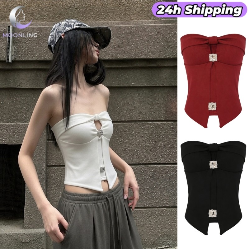 MOON 'พร้อมส่ง' เสื้อเกาะอก มีฟองน้ำ รัดรูป ทรงสวย แต่งเพรชเทียม FY5609