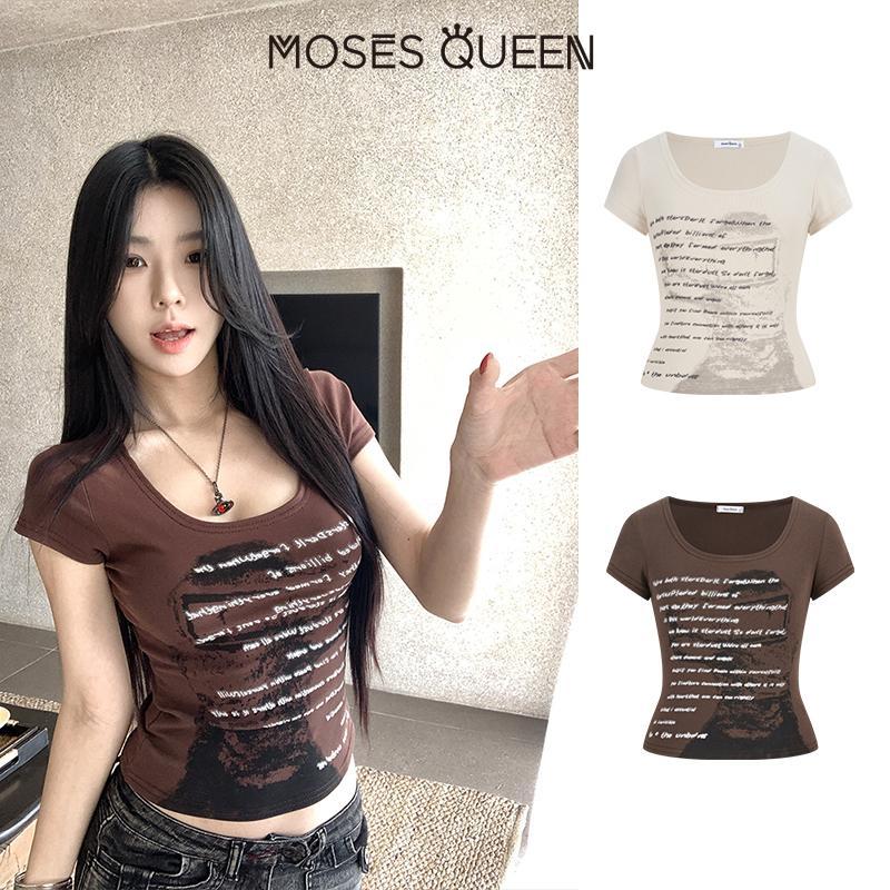 MOSESQUEEN ใหม่สแควร์คอปกเก่าข้อความพิมพ์เสื้อยืดแขนสั้นผู้หญิง,สาวเครื่องเทศรุ่นสลิมฟิต,แสดงไหปลาร้าเอวสาย,ทุกวันที่เดินทางมาตุนอเนกประสงค์แจ๊กเก็ต #63521