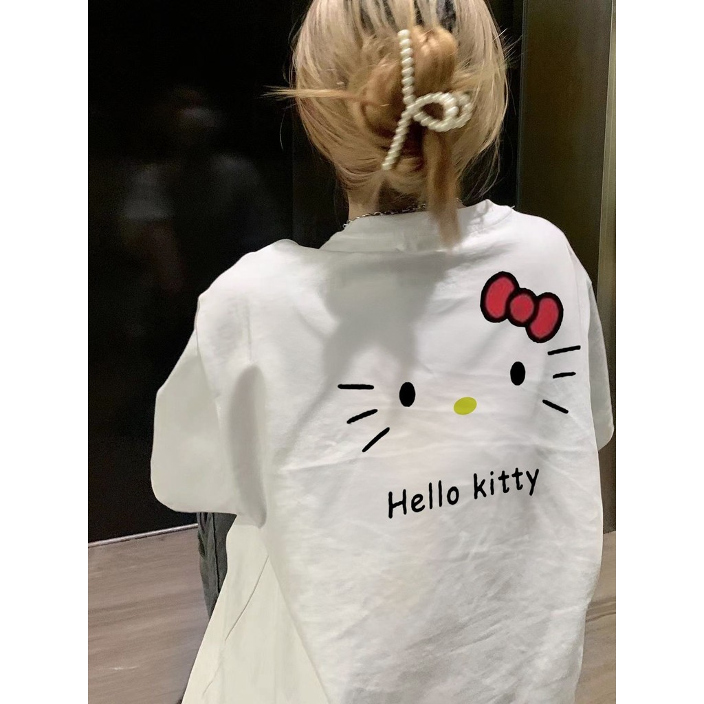 HelloKitty Hello Kitty พิมพ์เสื้อยืดแขนสั้นผู้หญิงผ้าฝ้ายแท้อเมริกัน BF Preppy สไตล์หลวมด้านบน High-