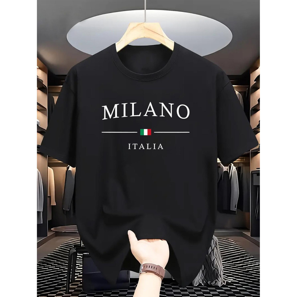 แฟชั่น[ Cotton T-Shirt] Cotton Mens Graphic T-Shirt Milan Italy Design, Black with Vibrant Print & I