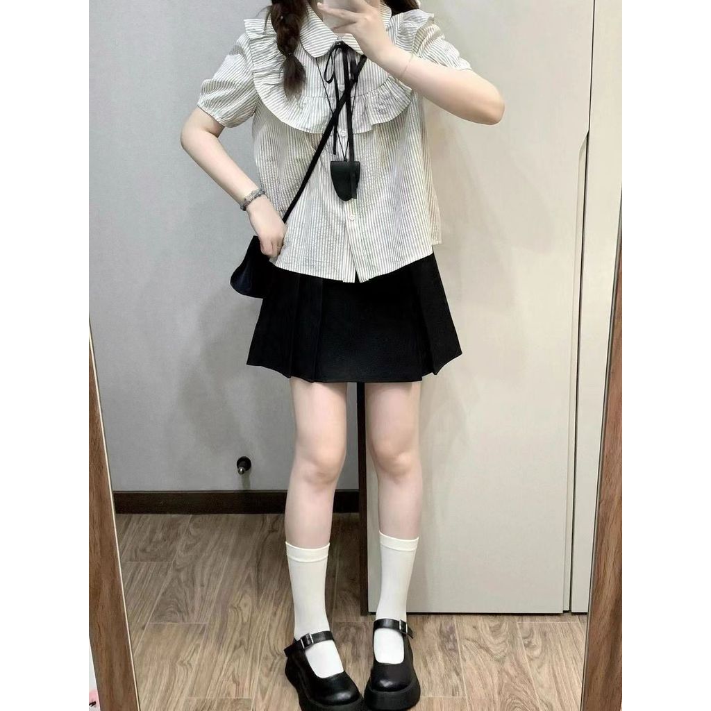 กระโปรง A-line กับเสื้อลายพัฟแขนเสื้อด้านบน สไตล์เกาหลีพรีปี้ เอวสูง เหมาะสำหรับฤดูร้อนและเป็นที่เหมาะสำหรับสวมใส่อย่างหลากหลาย