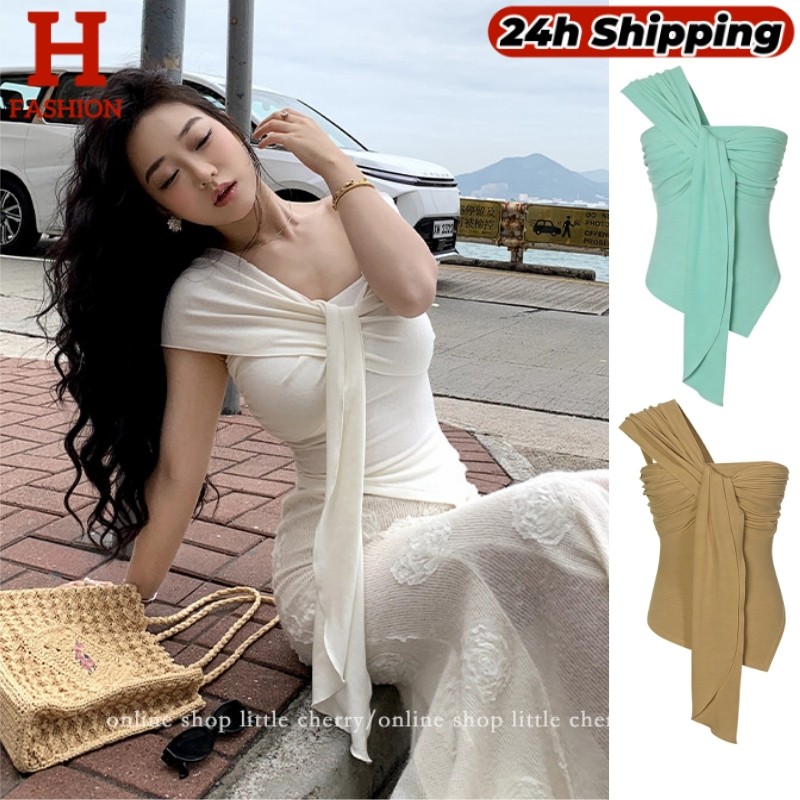 HOT 'พร้อมส่ง'  เสื้อครอป ปาดไหล่แขนกุด สวยหรูดูแพง ใส่ได้หลายแบบ มีฟองน้ำ FY6149