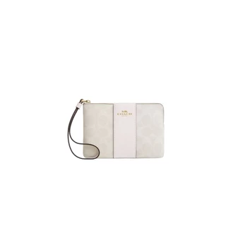 Coach Corner Zip Wristlet In Signature Canvas With Stripe White Chalk | ของแท้ ตรวจสอบโดย SASOM