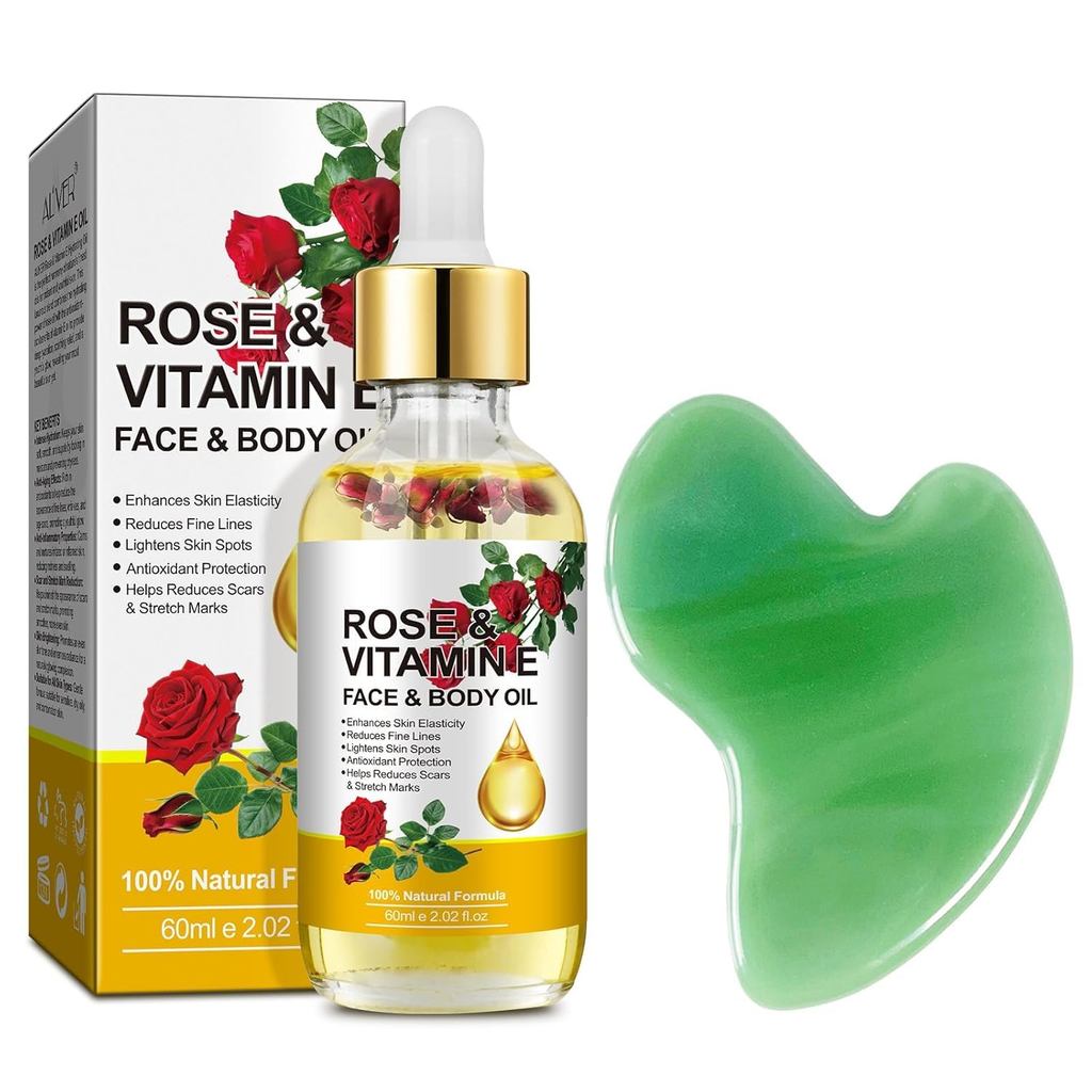 Vitamin E Face Oil,Rose Vitamin E Oil พร้อมเครื่องมือนวด Gua Sha สําหรับ Face & Body,Organic Rose Oi