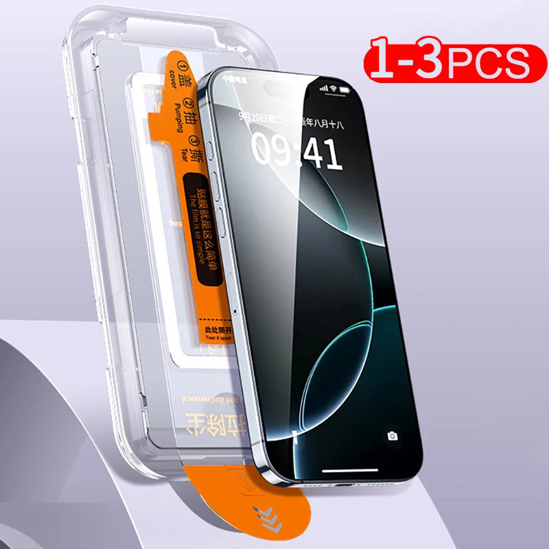 ฝุ่นฟรีติดตั้งกระจกนิรภัยสําหรับiPhone 17 17E 16 16E 15 14 13 12 11 Pro Max Plus Miniป้องกันหน้าจอฟิล์มป้องกันเต็มรูปแบบ