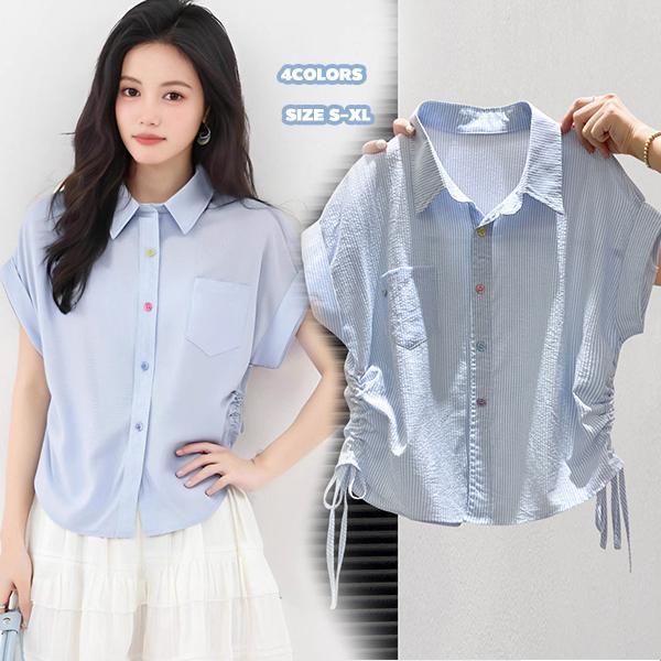 mimi&didi#เสื้อเชิ้ตลายทางแขนสั้นดีไซน์เอวยางยืดด้านข้างดีไซน์กระชับเอว เสื้อเชิ้ตทรงหลวมลำลองฤดูร้อนสำหรับผู้หญิง#99177
