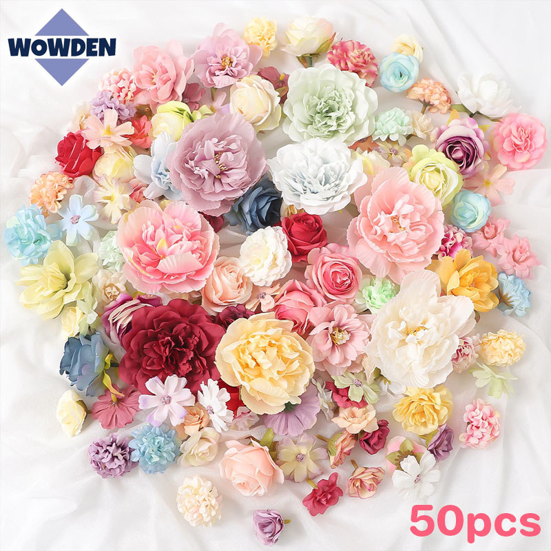 ดอกไม้ประดิษฐ์ 50pcs หัวดอกไม้ผสม DIY สีสันสดใส การจำลองขั้นสูง ดอกตกแต่ง ของขวัญวันวาเลนไทน์