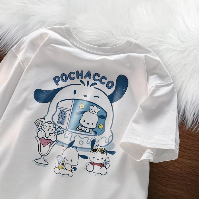 เสื้อยืดแขนสั้น เสื้อยืดผู้หญิง เสื้อปกติ POCHACCO เสื้อยืดสไตล์เกาหลี Cotton Vintage Material - สีข