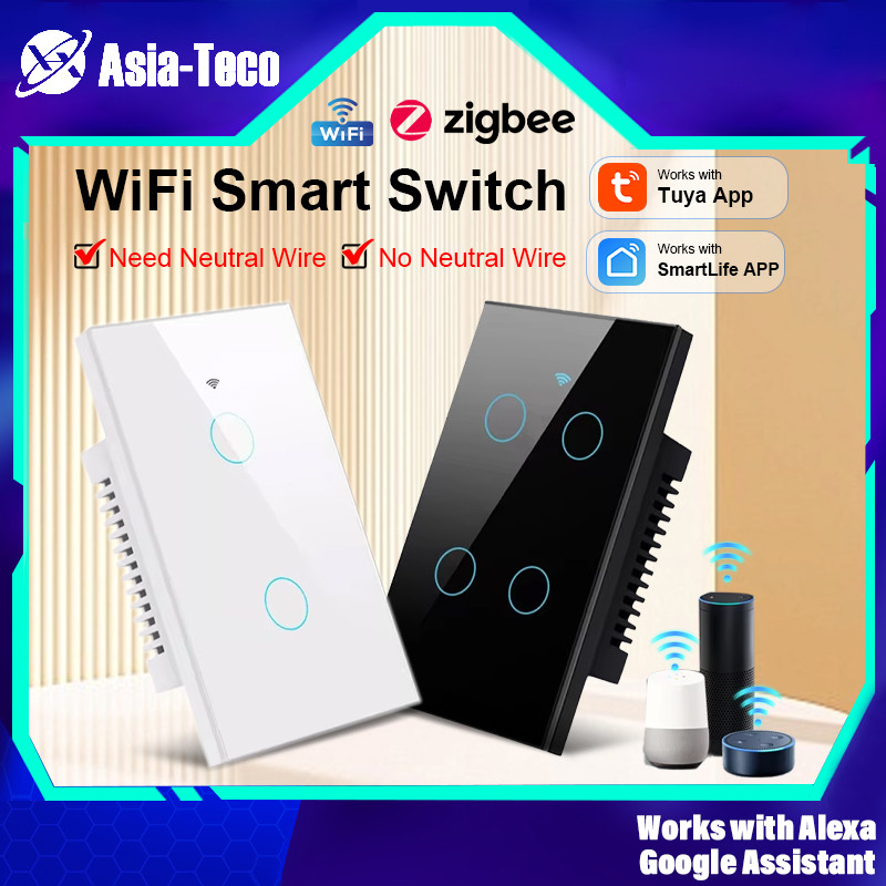 Asia-Teco Smart Glass Panel Switch Smart Life/Tuya App Multi-Control Association, Voice Control with