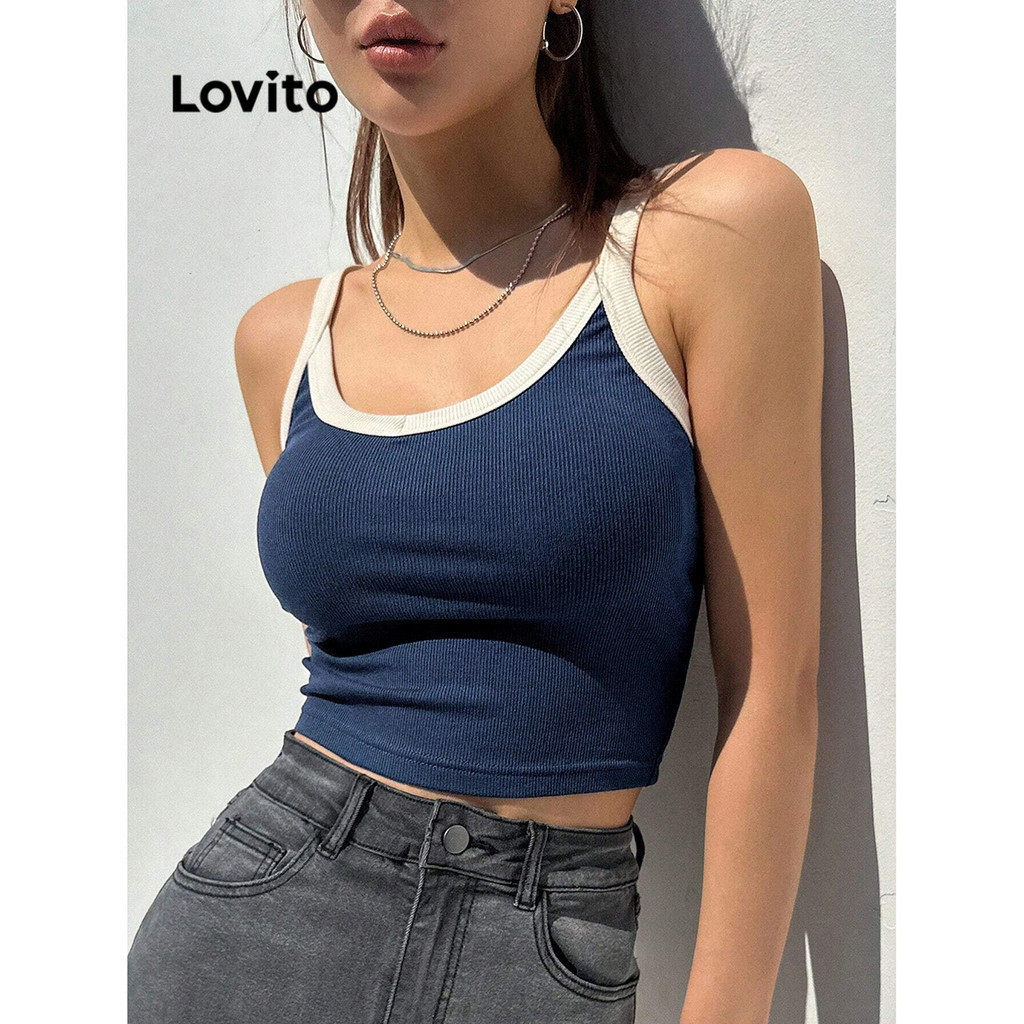 (Trendy) Lovito เสื้อกล้ามผู้หญิง สไตล์ลำลอง สีพื้น คอนทราสท์ไบดิ้ง L70AD028 (หลากสี)