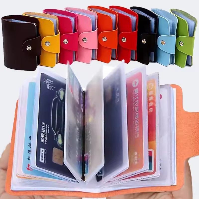 ใหม่ 24 สล็อต กระเป๋าบัตร สีทึบ หนัง PU สําหรับผู้หญิง ผู้ชาย บัตรเครดิต รหัส ออแกไนเซอร์