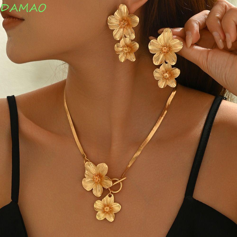 ดาโม 3ชิ้น/เซ็ตดอกไม้จี้สร้อยคอ,หรูหราโอ้อวดต่างหูดอกไม้ชุดเครื่องประดับ,OTจับมือโลหะเหล็กสไตล์งูสร้