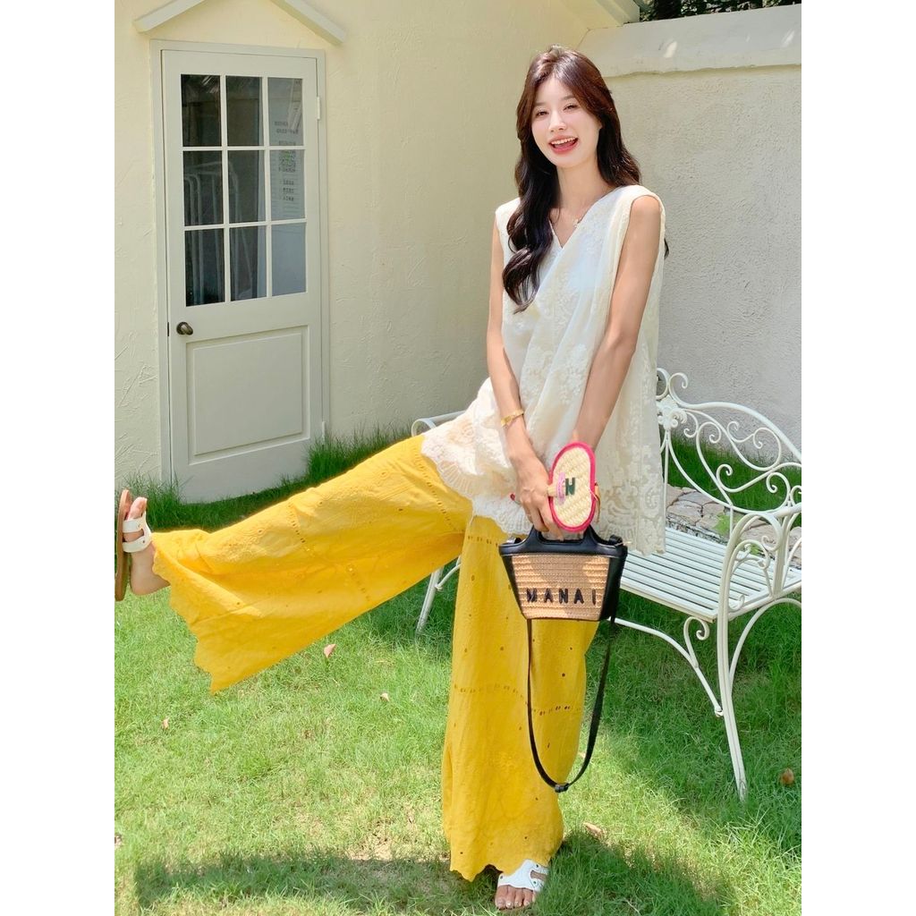 XUHENJIAN Spike ผมตรงแฟชั่น Classy Slimmer ดู V คอลูกไม้เอวสูงกางเกงขากว้างชุดผู้หญิง 2025 ฤดูร้อน A