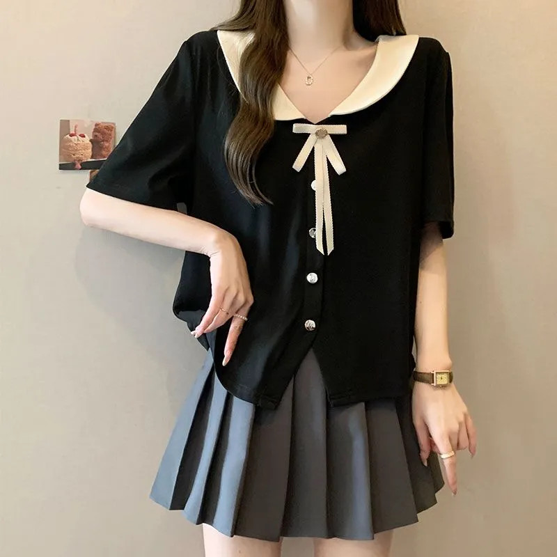 ส่งไวจากไทยBreezeM-2XL           พลัสขนาดโบว์เสื้อแขนสั้นผู้หญิงฤดูร้อนท็อปส์ซูเกาหลีหลวมเสื้อผู้หญิงฤดูร้อนสั้น