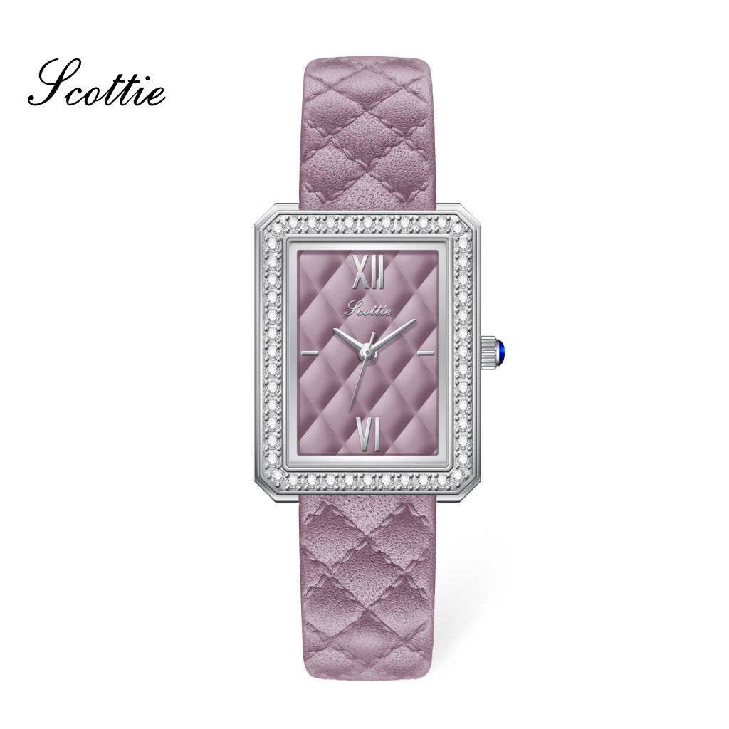 Scottie Diamond Square Diamond Check Pattern 9203C เข็มขัดสีม่วงนาฬิกาผู้หญิง Poem Godi นาฬิกาผู้หญิ