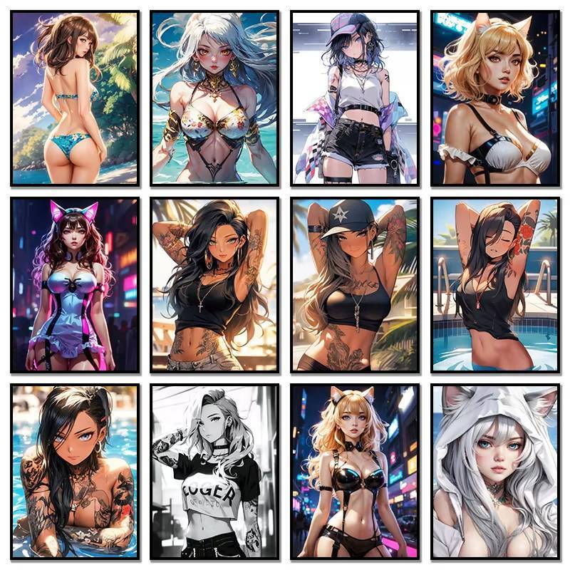 สาวการ์ตูนอะนิเมะผู้หญิงโปสเตอร์ที่ทันสมัยไม่มีกรอบผ้าใบภาพวาดห้องนั่งเล่นตกแต่งผนังศิลปะ