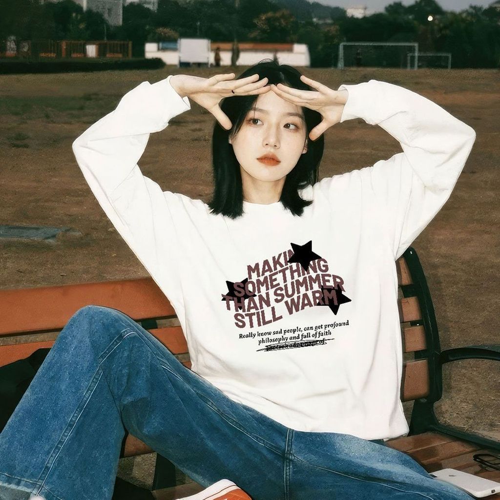 เสื้อยืดแขนยาวผู้ชายผู้หญิงสไตล์เดียวกันฤดูใบไม้ผลิฤดูใบไม้ร่วงลําลองสไตล์คู่แขนยาวด้านบน