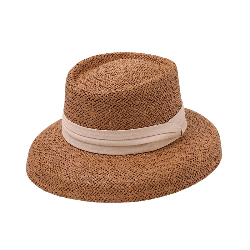 Flat-top small straw hat for women, summer beach vacation sun hat, vintage French-style straw beach 