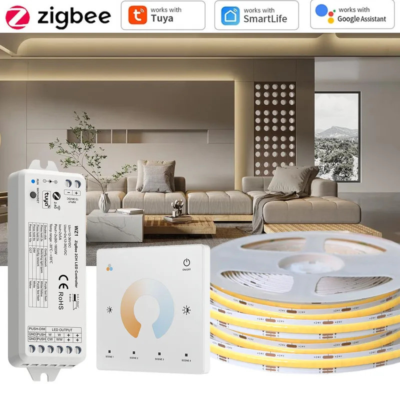 5M 10M 20M Tuya Zigbee 3.0 COB CCT Led Strip Dual White Room Decor Light 2.4G RF Dimming Touch Remot