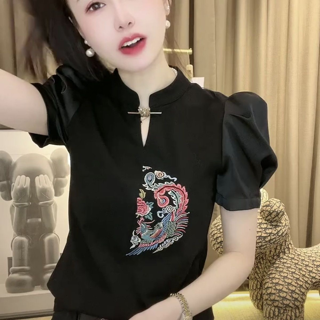 เสื้อเชิ๊ตแขนสั้นผู้หญิง Retro Style คอขึ้นทรงยืน ปุ่มปัก 핏กระชับ รหัส 26331NSY