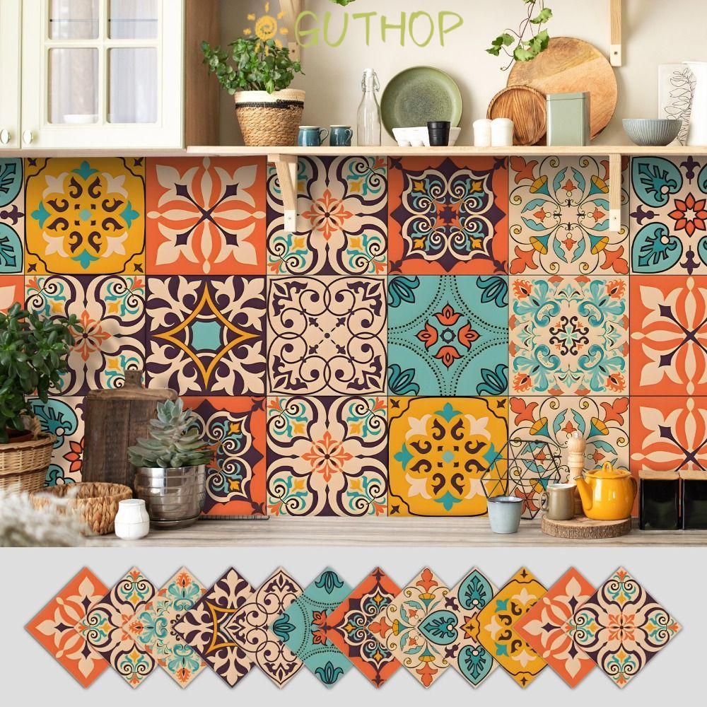 GUTHOP 12 ชิ้น Backsplash สติกเกอร์กระเบื้อง, Mandala รูปแบบ Multicolor Design Peel และ Stick กระเบื้อง, แฟชั่นกันน้ํา PVC ที่ถอดออกได้ Decals DIY ตกแต่งบ้าน